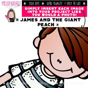 May include: A cartoon illustration of a boy with brown hair and a striped shirt. The image includes the text "JAMES AND THE GIANT PEACH" and other text about image quality and ease of use.