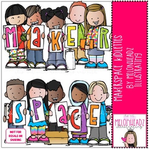 Op de afbeelding: Een set kleurrijke clip art-afbeeldingen van kinderen die letters vasthouden die "Maker Space" spellen. De kinderen zijn divers en hebben verschillende huidtinten en kapsels. De afbeeldingen zijn in cartoon-stijl en zijn perfect voor gebruik in educatief materiaal.