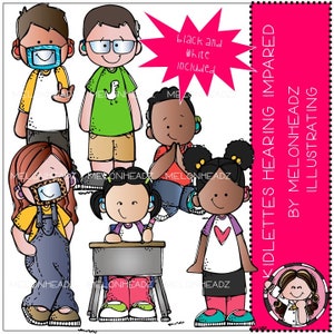 Puede incluir: Ilustración digital con varios niños de dibujos animados, algunos con máscaras. La imagen incluye el texto "black and white included" y "Kidlettes Hearing Impaired by Melonheadz Illustrating."