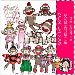 May include: A set of 10 colorful sock monkey illustrations. The monkeys are wearing different outfits, including a ballerina costume, a hula skirt, a ladybug costume, and a swimsuit. The text "Let's monkey around" is at the top of the image. The text "Sock Monkeys by Melonheadz Illustrating" is on the right side of the image.