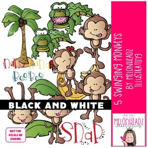 5 {cinco} Monos balanceándose clip art Literatura clip art Libro compañero BLANCO Y NEGRO