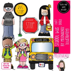 Imágenes prediseñadas de autobús escolar, Lucy Doris, personaje de Melonheadz, parada de autobús (descarga digital)