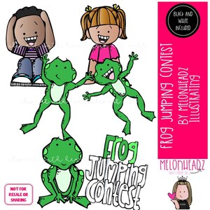 以下が含まれることがあります： 漫画の子供と緑のカエルを描いたデジタルイラスト。画像には「Frog Jumping Contest」と「Black and White Included」の文字が含まれています。イラストは遊び心のある漫画スタイルです。