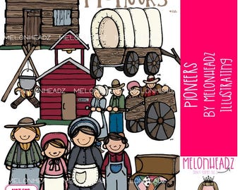 Imágenes prediseñadas de pioneros, vagón, cabaña Versión COLOREADA