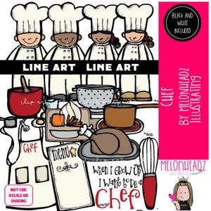 May include: A whimsical illustration featuring four chefs in white hats and aprons, with various cooking tools and a roasted turkey. Text includes "LINE ART" and "When I Grow Up I Want to be a Chef". A pink vertical banner on the right side has the text "CHEF BY MELONHEADZ ILLUSTRATING".