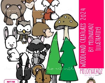 Woodland Creatures clip art 2024, forest animals COLORED Version (digital download)