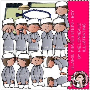 Puede incluir: Un conjunto de 10 ilustraciones de dibujos animados que representan los pasos de la oración islámica. Las ilustraciones son en blanco y negro con ropa gris. Las ilustraciones son de un niño en diferentes posiciones de oración. Las ilustraciones están etiquetadas como "Pasos de oración islámica - Niño" y "Por Melonheadz Illustrating".