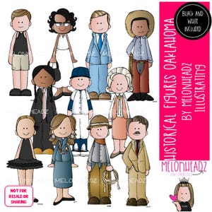 May include: A collection of cartoon illustrations of historical figures from Oklahoma. The figures are depicted in various outfits, including suits, dresses, and cowboy attire. The image includes text that reads "Historical Figures Oklahoma" and "Black and White Included."