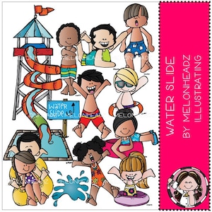 May include: A colourful illustration of children playing at a water park. There is a water slide, a pool, and a lifeguard stand. The children are wearing swimsuits and are having fun in the water. The illustration is titled "Water Slide" and is by "Melonheadz Illustrating".