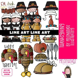 May include: A set of Thanksgiving clip art images featuring pilgrims, turkeys, pumpkins, and other Thanksgiving-themed elements. The images are black and white line art with some color accents. The text "Eat, drink, party like a pilgrim" is at the top of the image. The text "Happy Turkey Day" is at the bottom of the image.