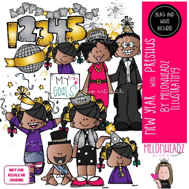 New Year Clip Art, Preshus, Melonheadz Characters COMBO PACK - Etsy