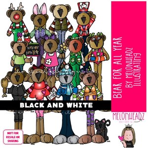 May include: A set of 13 black and white bear illustrations. The bears are dressed in different outfits for different occasions, such as a New Year's bear, a summer bear, and a winter bear. The bears are all standing on their hind legs and have a friendly expression on their faces. The illustrations are perfect for use in classroom activities, crafts, or scrapbooking.