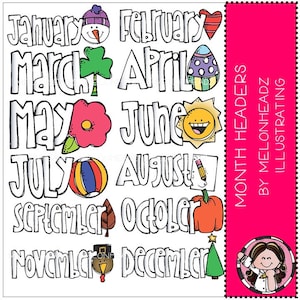 Könnte beinhalten: Ein Satz von 12 bunten Illustrationen der Monate des Jahres. Jeder Monat wird mit einem anderen Bild dargestellt, wie zum Beispiel ein Schneemann für Januar, ein Herz für Februar, ein Kleeblatt für März, ein Osterei für April, eine Blume für Mai, eine Sonne für Juni, ein Strandball für Juli, ein Bleistift für August, ein Blatt für September, ein Kürbis für Oktober, ein Truthahn für November und ein Weihnachtsbaum für Dezember.