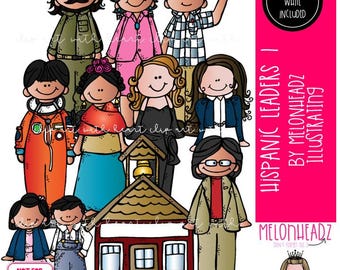 Könnte beinhalten: Eine farbenfrohe Illustration mit Cartoonfiguren hispanischer Führungspersönlichkeiten. Das Bild enthält eine Schule und den Text "Hispanic Leaders I by Melonheadz Illustrating". Das Bild enthält auch den Text "Black and White Included".
