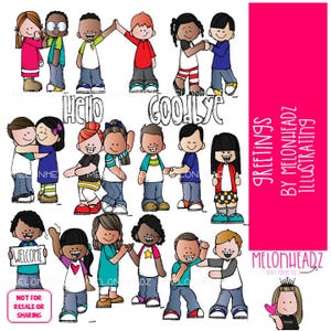 Groeten illustraties, welkom illustraties, Hallo en tot ziens illustraties GEKLEURDE versie