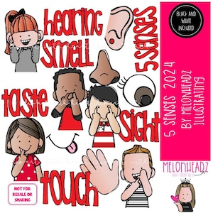 May include: Five senses clip art set featuring illustrations of children covering their eyes, ears, nose, mouth, and hand. The words "sight", "hearing", "smell", "taste", and "touch" are included in the image.