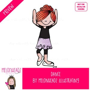Pu&ograve; includere: Illustrazione di un cartone animato di una ragazza con i capelli rossi raccolti in uno chignon, che indossa un top nero, una gonna lavanda e leggings neri. L'immagine include il testo "DANCE BY MELONHEADZ ILLUSTRATING" su sfondo rosa e la parola "PREVIEW" in rosa.