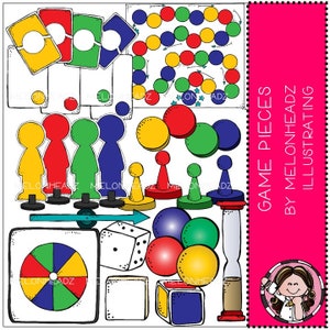 May include: A set of colorful game pieces, including game boards, dice, pawns, and spinners. The pieces are perfect for creating your own board game or adding to an existing one.  Game Pieces by Melonheadz Illustrating.