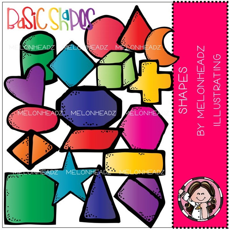 May include: A set of colourful basic shapes, including a circle, square, triangle, heart, star, rectangle, and more. The shapes are outlined in black and filled with various colours, such as red, blue, green, yellow, and purple. The text "Basic Shapes" is at the top of the image, and the text "Shapes by Melonheadz Illustrating" is on the right side of the image.