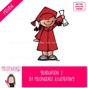 Op de afbeelding: Een cartoon illustratie van een persoon in een rode afstudeerjurk en -pet, met een diploma. De afbeelding bevat de tekst "GRADUATION 2 BY MELONHEADZ ILLUSTRATING" en "PREVIEW". Het personage lacht en draagt zilveren schoenen.