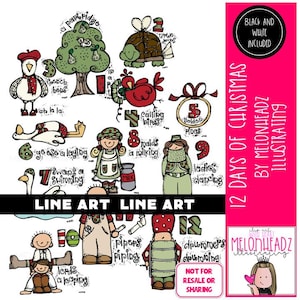 12 Days of Christmas clip art LINE ART and Black and White