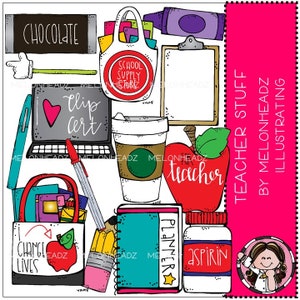May include: A set of colorful teacher-themed clipart images, including a red apple with the word "teacher" on it, a coffee cup, a clipboard, a bag with the words "School Supply Store", a pencil, a notebook, a bottle of aspirin, a planner, a laptop with the words "I love clip cert", a bag with the words "I change lives", and a chalkboard with the word "chocolate".