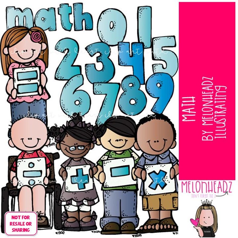 May include: A colourful illustration of children holding maths symbols. The symbols are addition, subtraction, multiplication, and division. The numbers 1 through 9 are also included in the illustration. The text "math" is at the top of the image.