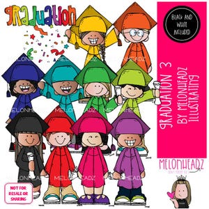 May include: A colorful digital illustration featuring cartoon graduates in various colors, wearing graduation caps and gowns. The word "Graduation" is at the top. The image includes text that says "Graduation 3 by Melonheadz Illustrating".