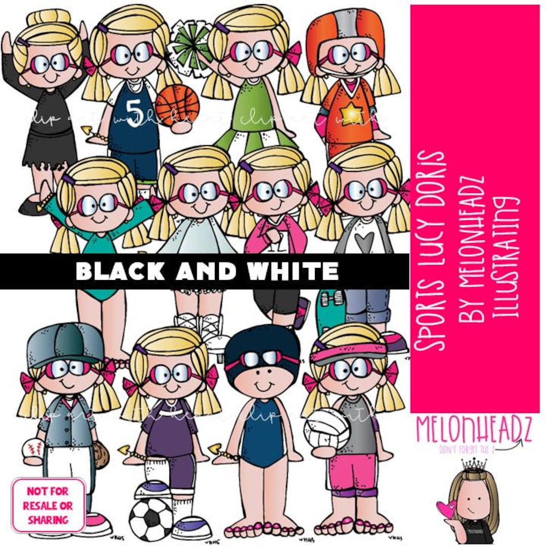Sports Clip Art, Lucy Doris, Melonheadz Characters BLACK AND WHITE - Etsy