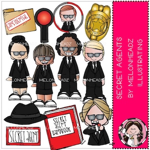 Puede incluir: Conjunto de imágenes prediseñadas de agentes secretos, que incluye una carpeta etiquetada como "Confidencial", una señal de alto roja, una insignia, un libro etiquetado como "Manual del agente secreto" y seis personajes de dibujos animados que llevan trajes negros y gafas de sol. El texto "Agentes secretos de Melonheadz Illustrating" está en el lado derecho de la imagen.