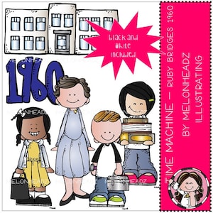 Op de afbeelding: Illustratie van een schoolgebouw met het jaar 1960 in blauwe letters. Er staan vier mensen voor het gebouw: een lerares, een meisje met een boek, een jongen met een lunchbox en een meisje met een handtas. De tekst "TIME MACHINE - RUBY BRIDGES 1960 BY MELONHEADZ ILLUSTRATING" staat aan de rechterkant van de afbeelding.