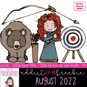 Op de afbeelding: Een cartoonillustratie van een meisje met rood haar, dat een blauwe jurk draagt en een boog en pijl vasthoudt. Ze staat naast een bruine beer en een doelwit met een rode roos. De tekst "addict CLIP ART freebie AUGUST 2022" staat onderaan de afbeelding.