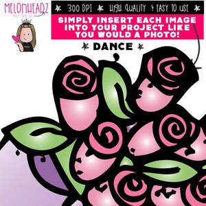 Pu&ograve; includere: Grafica digitale con rose rosa con foglie verdi e contorni neri. L'immagine include il testo "300 DPI, ALTA QUALIT&Agrave;, FACILE DA USARE" e "INSERISCI SEMPLICEMENTE OGNI IMMAGINE NEL TUO PROGETTO COME FARESTI CON UNA FOTO!" e "DANCE".