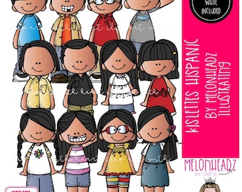 Könnte beinhalten: Ein digitales Illustrationsset mit zwölf verschiedenen Kindern mit unterschiedlichen Frisuren und Kleidungsfarben, darunter Blau, Gelb, Rot und Weiß. Eine rosa Seitenleiste enthält den Text Kislettes Hispanic by Melonheadz Illustrating.