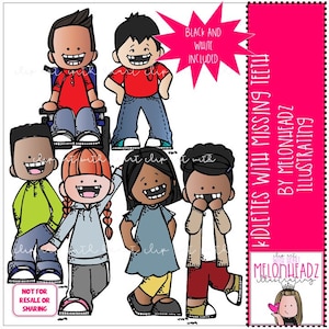 May include: Clip art illustration of six children with missing teeth. The children are of different races and are wearing various clothing. The image includes the text "Kidlettes with Missing Teeth by Melonheadz Illustrating".