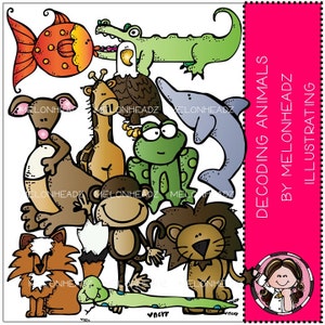 May include: A colorful illustration of various animals, including a fish, crocodile, eagle, giraffe, kangaroo, frog, monkey, lion, fox, and snake. The illustration is titled "Decoding Animals by Melonheadz Illustrating".