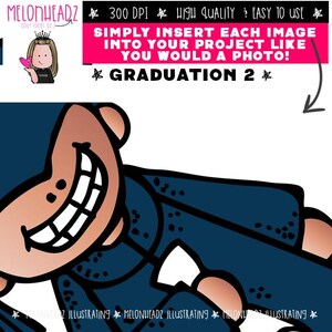 Op de afbeelding: Een cartoonillustratie van een lachend personage in een afstudeerjurk. De afbeelding bevat de tekst "GRADUATION 2" en "PLAATS ELKE AFBEELDING IN JE PROJECT ZOALS JE DAT MET EEN FOTO ZOU DOEN!"