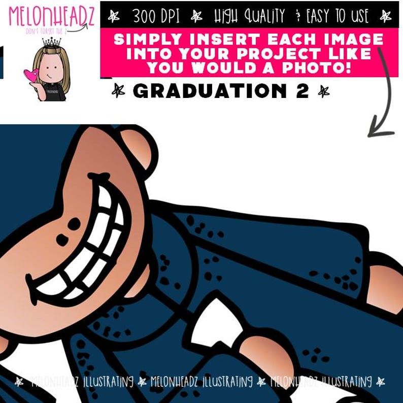 Op de afbeelding: Een cartoonillustratie van een lachend personage in een afstudeerjurk. De afbeelding bevat de tekst "GRADUATION 2" en "PLAATS ELKE AFBEELDING IN JE PROJECT ZOALS JE DAT MET EEN FOTO ZOU DOEN!"