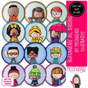 Könnte beinhalten: Eine Sammlung von Cartoon-Illustrationen von Kindern, die die vier Jahreszeiten darstellen. Jedes Kind befindet sich in einem kreisförmigen Rahmen mit blauem Hintergrund. Das Bild enthält den Text "BUTTONHEADZ ALL SEASONS" und "BLACK AND WHITE INCLUDED".