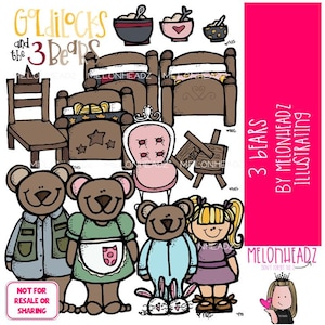 Three 3 Bears clip art, Goldilocks clip art, literature clip art COLORED Version