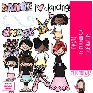 Pu&ograve; includere: Un'illustrazione digitale colorata con le parole "DANCE I dancing!" e diverse ragazze dei cartoni animati in abiti da ballo. L'immagine include scarpette da ballo, fiori e una corona. L'illustrazione &egrave; di Melonheadz.