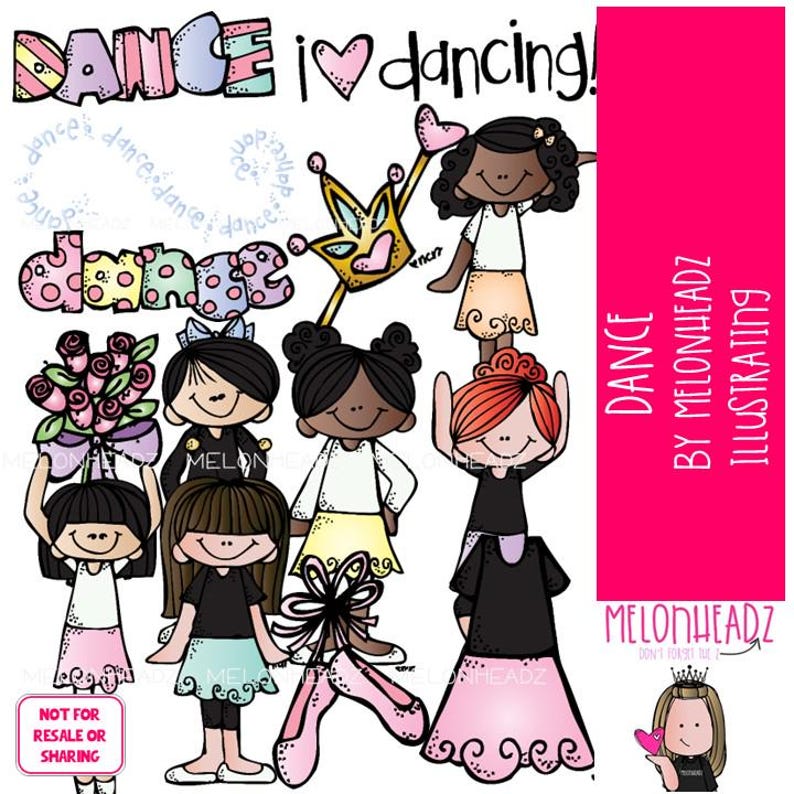 Pu&ograve; includere: Un'illustrazione digitale colorata con le parole "DANCE I dancing!" e diverse ragazze dei cartoni animati in abiti da ballo. L'immagine include scarpette da ballo, fiori e una corona. L'illustrazione &egrave; di Melonheadz.