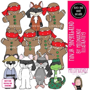 May include: A collection of cartoon illustrations featuring ninja gingerbread men, a fox, a panda, mice, and a snake. The text "NINJA GINGERBREAD" and "BY MELONHEADZ ILLUSTRATING" are visible. The image includes a "BLACK AND WHITE INCLUDED" graphic.
