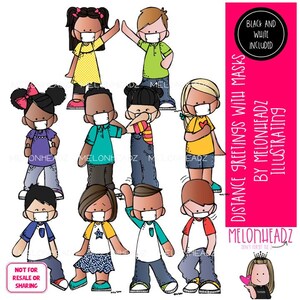 May include: A digital illustration featuring children wearing face masks and practicing social distancing. The image includes children in various outfits, with text that reads "Distance Greetings with Masks" and "Not for Resale or Sharing."