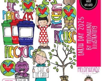 Könnte beinhalten: Farbenfrohe Illustration zum Thema Earth Day mit den Wörtern "Plant the Planet", "Recycle" und "Reuse". Enthält Illustrationen von Kindern, die Globusse halten, Recyclingbehältern und einem Baum. Der Text "Earth Day 2025" ist ebenfalls vorhanden.