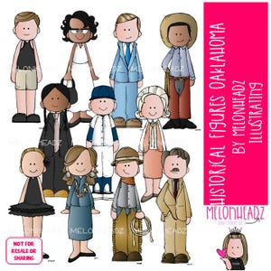 May include: Illustration of cartoon figures representing historical figures from Oklahoma. The figures are dressed in various outfits, including suits, dresses, and cowboy attire. The image includes text that reads "Historical Figures Oklahoma by Melonheadz Illustrating."