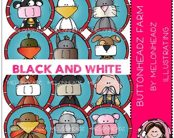 Farm Animal clip art - Buttonheadz - BLACK AND WHITE