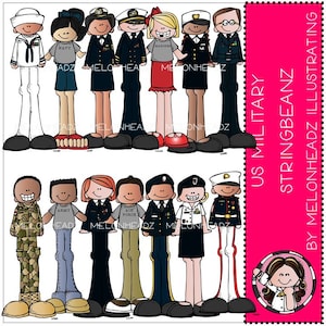 May include: Clip art images of people dressed in military uniforms representing the US Army, Navy, Air Force, Marines, and Coast Guard. The images are in a cartoon style and are suitable for educational purposes.