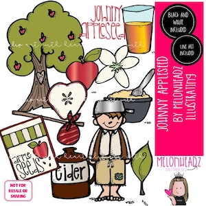 Puede incluir: Una colección de imágenes digitales con Johnny Appleseed, un manzano, una manzana cortada, un vaso de sidra, una olla, un saco, una hoja, una flor y un paquete de semillas. El texto incluye Johnny Appleseed, cider, apple seeds y Melonheadz.