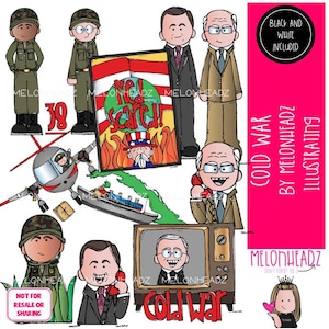 Könnte beinhalten: Eine digitale Illustration mit Bildern aus der Zeit des Kalten Krieges. Das Bild enthält Cartoonfiguren von Soldaten, Politikern und einem Fernsehgerät. Der Text enthält "Red Scare!" und "Cold War" mit dem Namen des Künstlers und "Black and White Included".